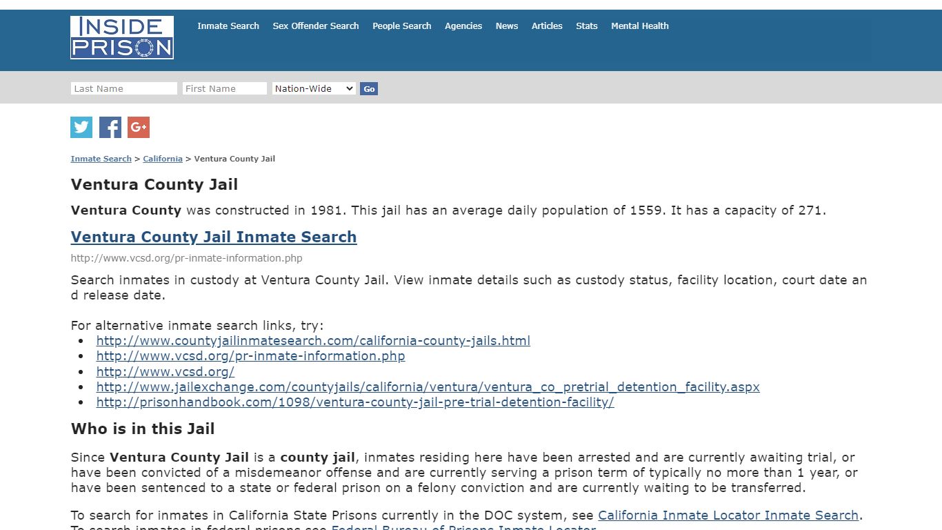 Ventura County Jail - California - Inmate Search